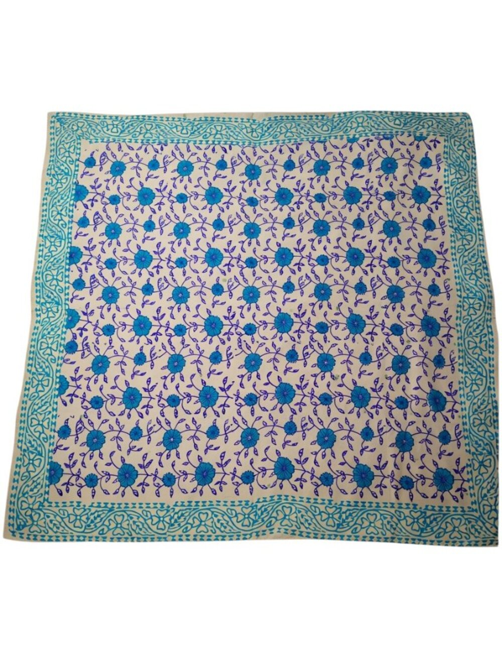 Vintage Block Print Raw Silk Scarf Violet Turquoise Floral Vine 36x36